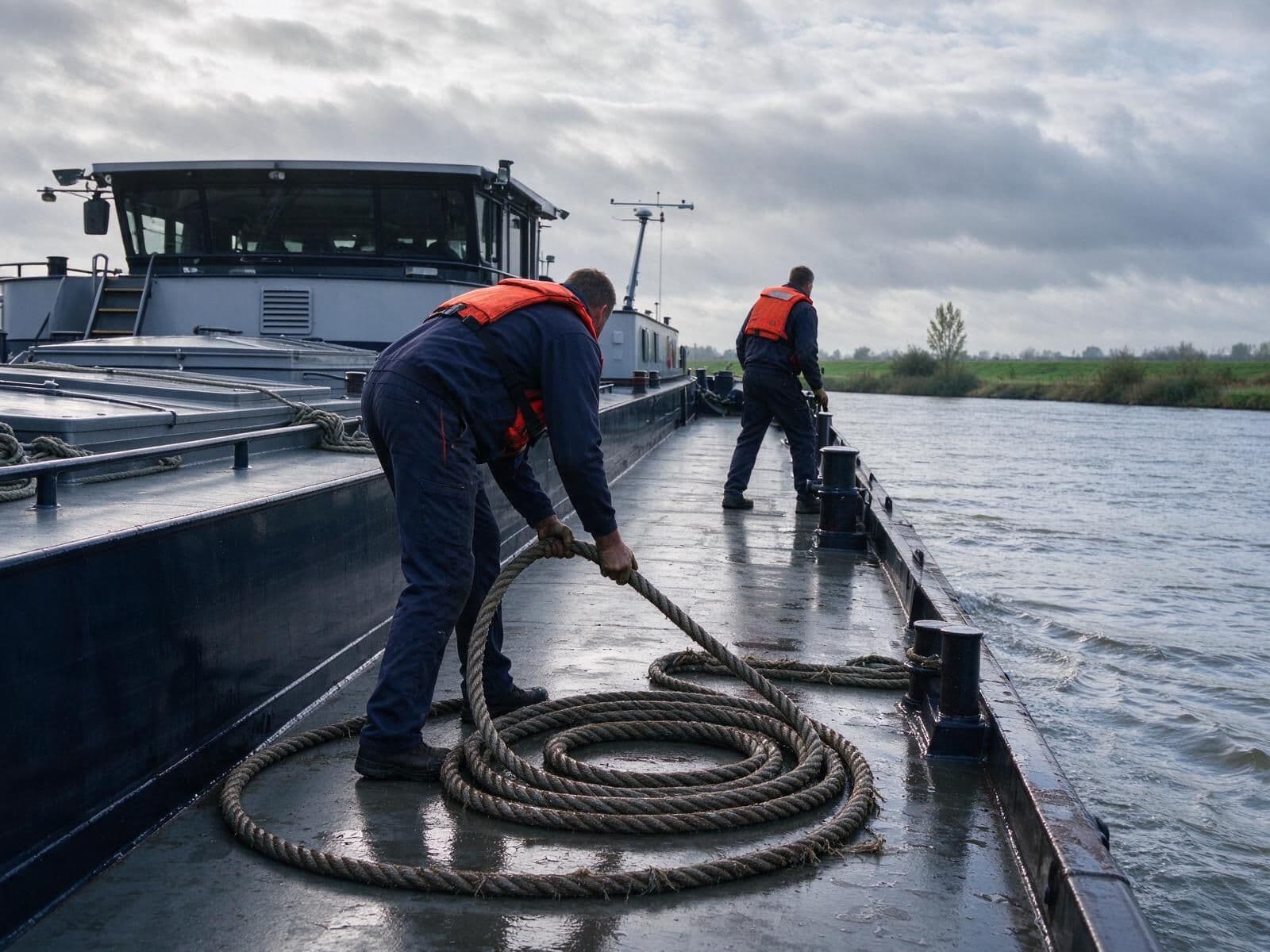 Twee matrozen met reddingsvesten aan het werk op het dek
