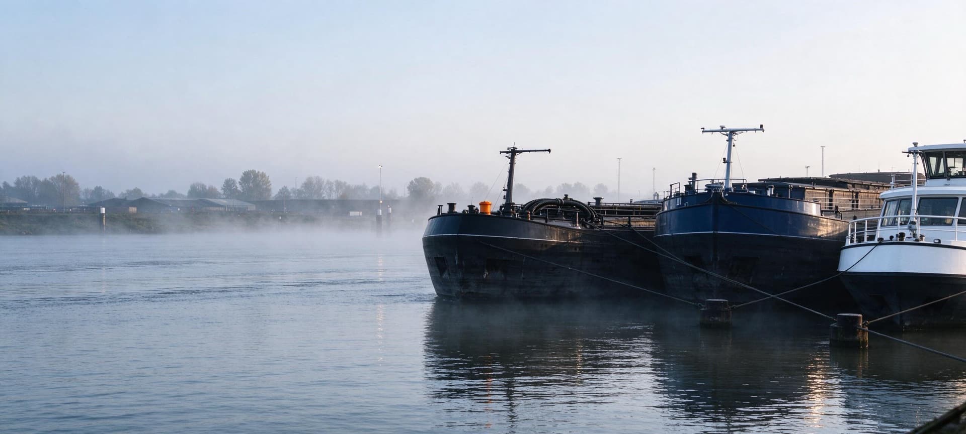 Binnenvaartschepen afgemeerd in een haven in de ochtendmist