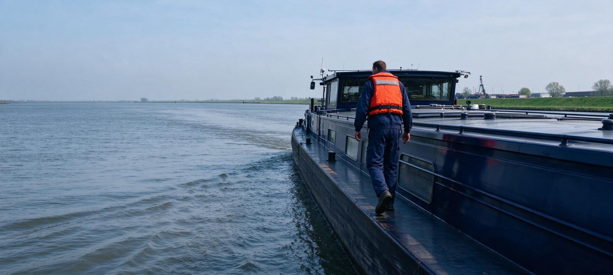 Matroos met reddingsvest loopt over het gangboord van een varend schip