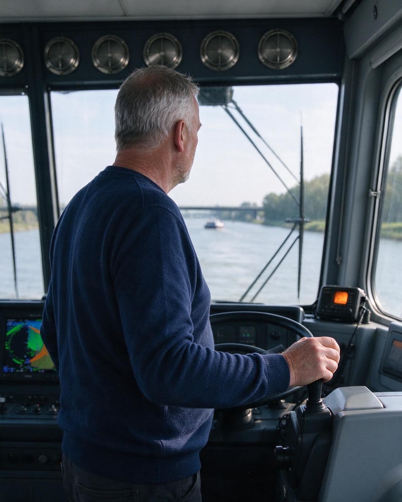 Skipper at the helm in the wheelhouse